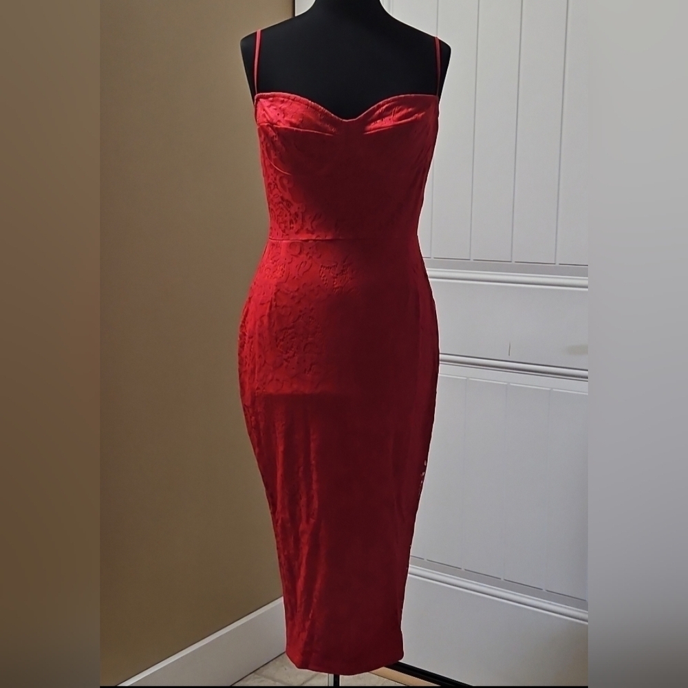PrettyLittleThing Shape Lace Bustier Midi Dress Size 8 Red NWT